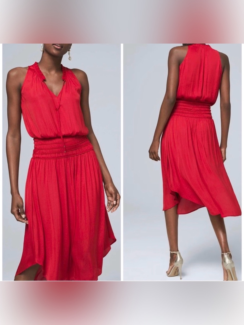 NWT - White House Black‎ Market Smocked Waist Satin Halter Red  Dress